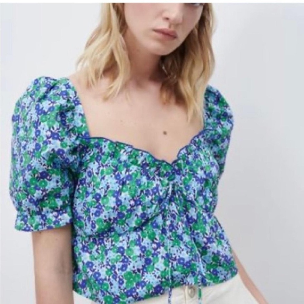 Zara Floral Cropped Ruffle Short Puff Sleeve Romantic Blouse size XS